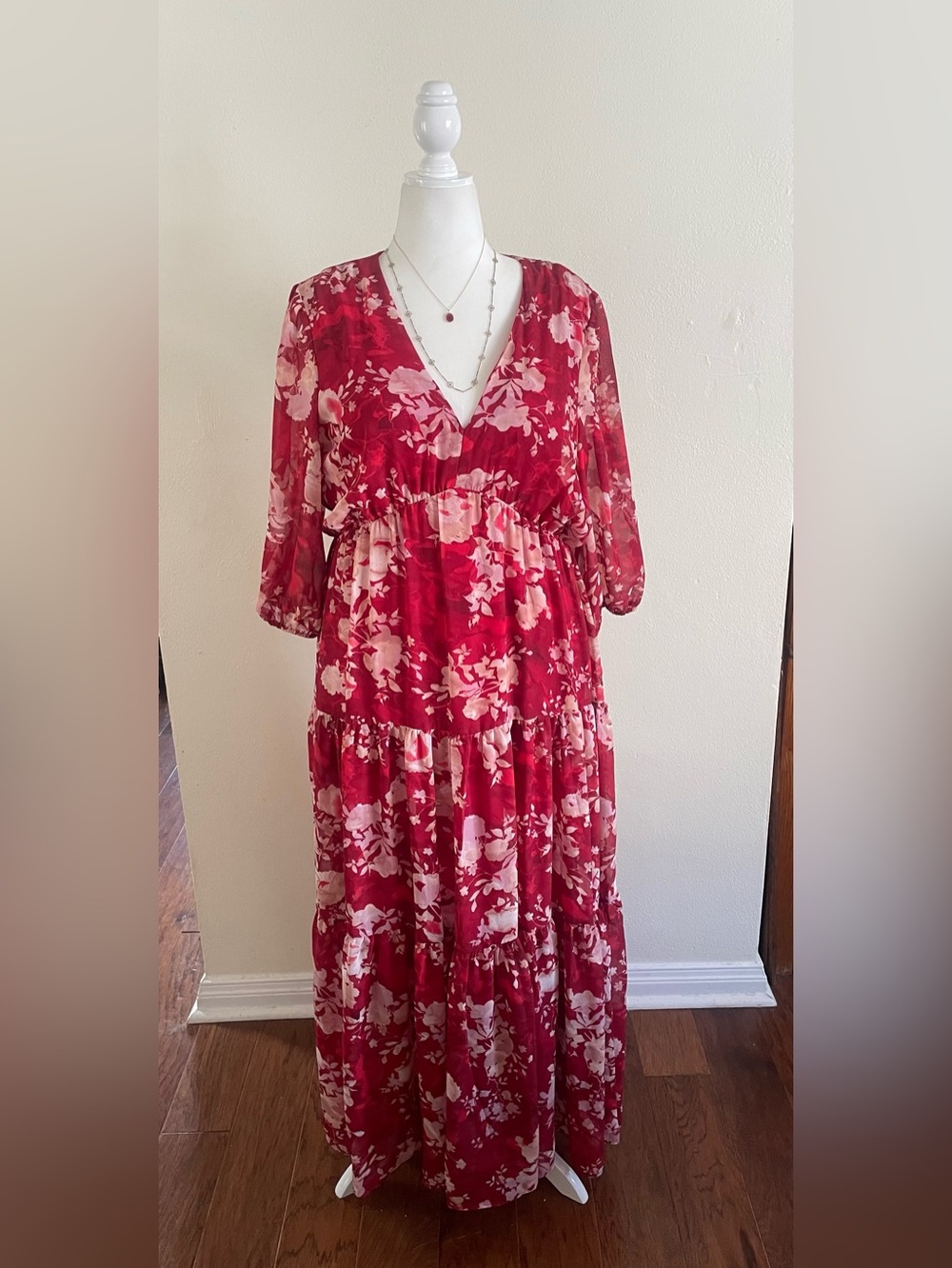 NWT Floral V-Neck Tiered Maxi Dress in Wine Red with Blush Pink Flowers